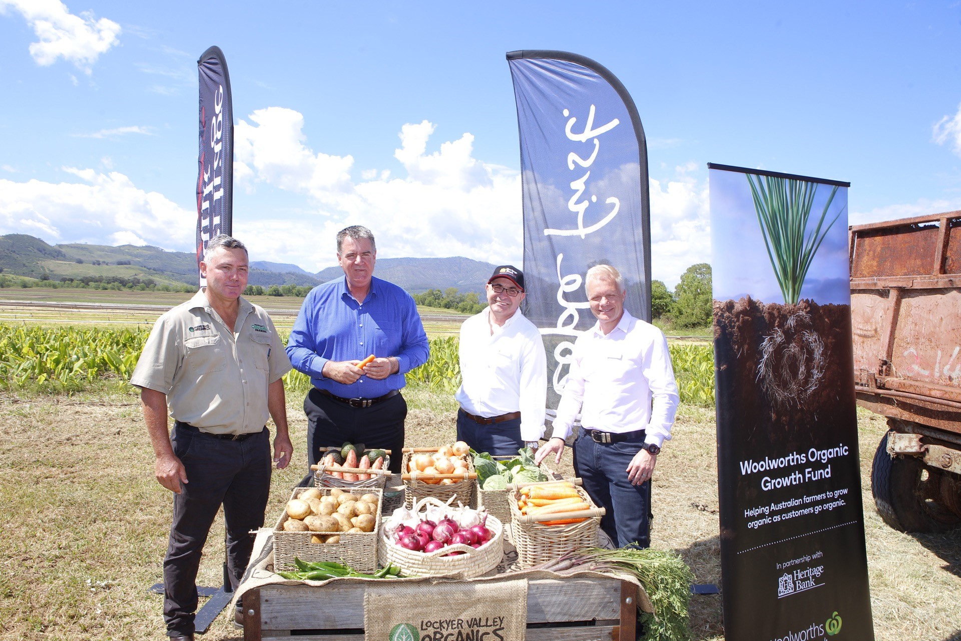 CAPTION: Launching the Woolworths Organic Growth Fund are (from left) Lockyer Valley Organics director Anthony Bauer, Queensland Minister for Agricultural Industry Development and Fisheries Mark Furner MP, Heritage Bank CEO Peter Lock and Woolworths Head of Produce Paul Turner. 